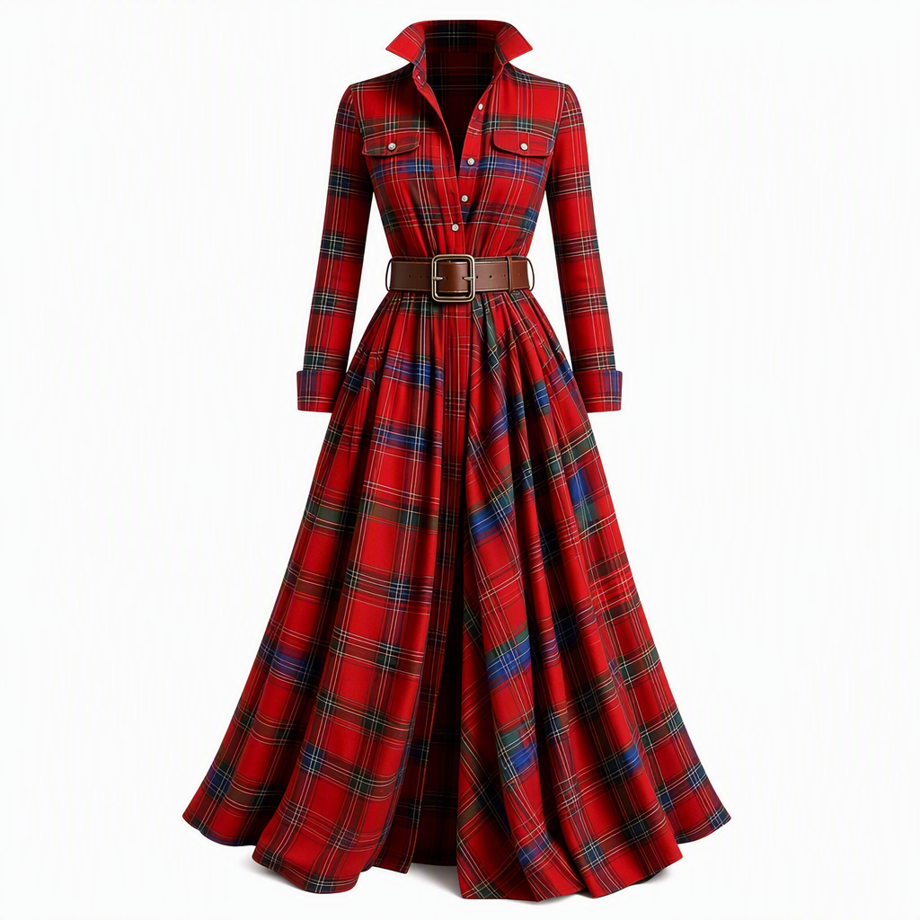 Senna | Elegancia de inspiración francesa.Vestido largo de estilo retro con estampado de cuadros