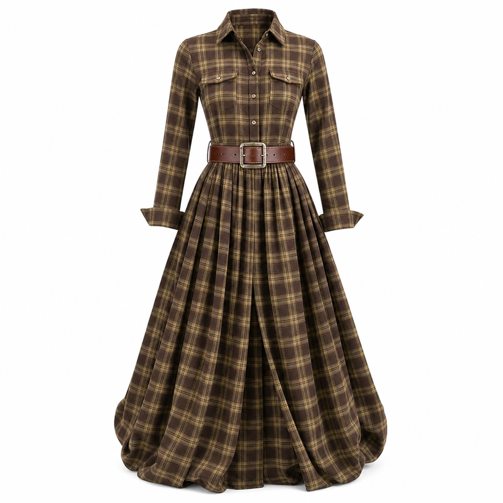 Senna | Elegancia de inspiración francesa.Vestido largo de estilo retro con estampado de cuadros