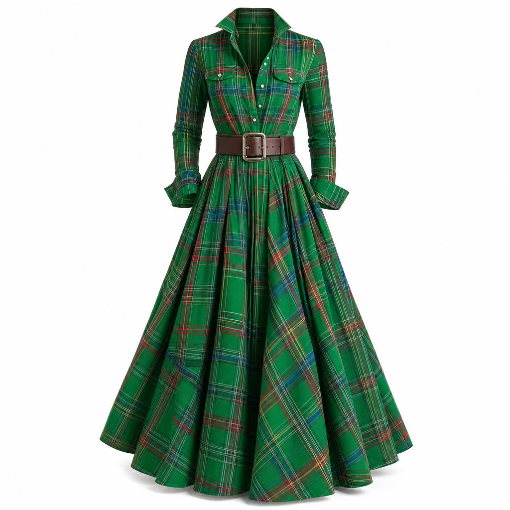 Senna | Elegancia de inspiración francesa.Vestido largo de estilo retro con estampado de cuadros