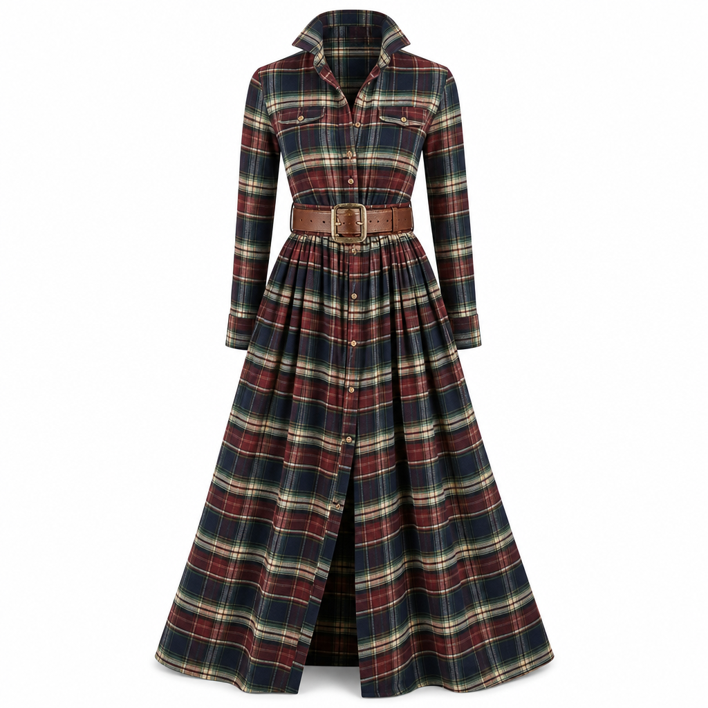 Senna | Elegancia de inspiración francesa.Vestido largo de estilo retro con estampado de cuadros
