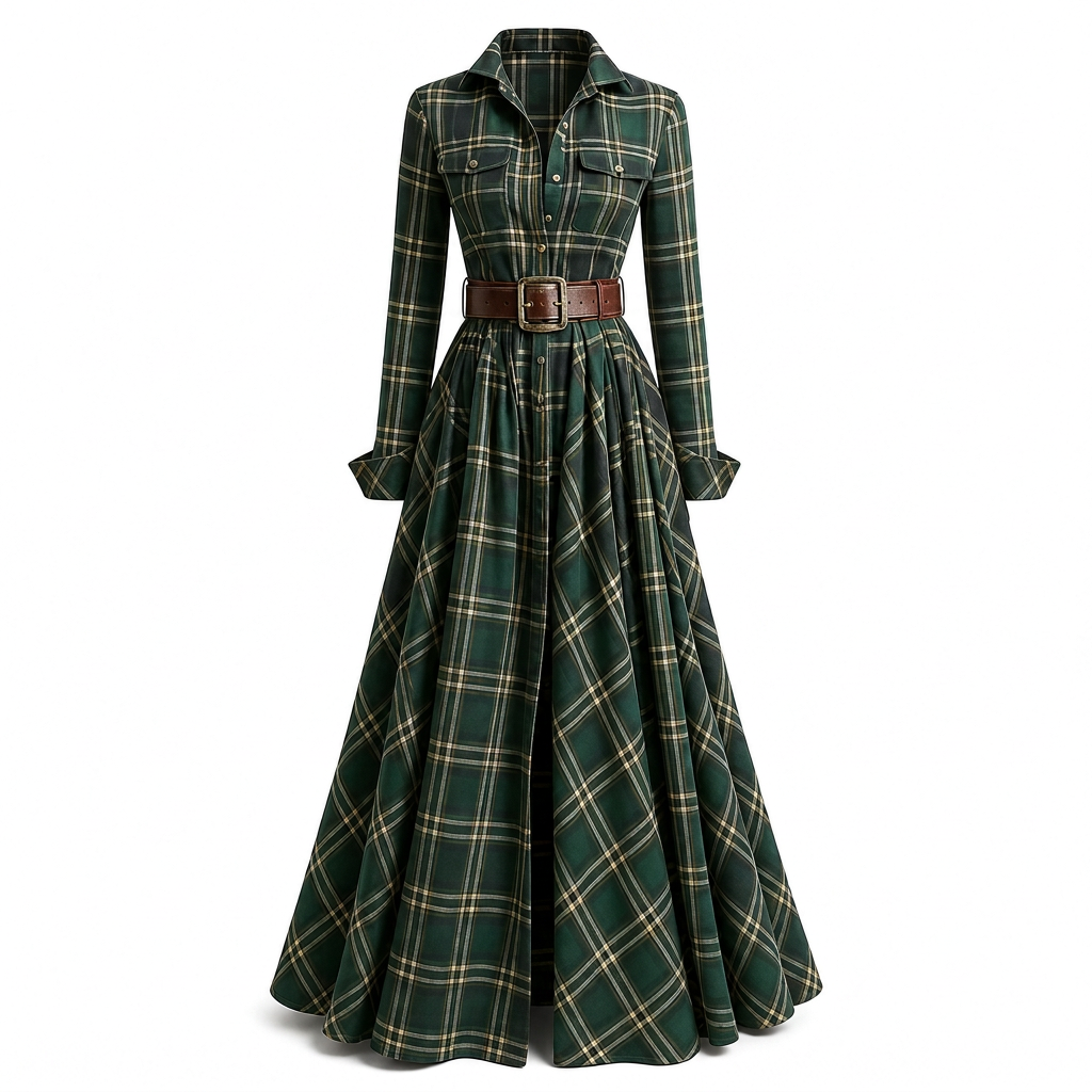 Senna | Elegancia de inspiración francesa.Vestido largo de estilo retro con estampado de cuadros