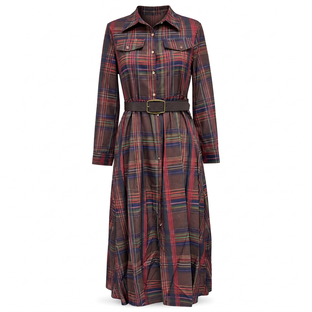 Senna | Elegancia de inspiración francesa.Vestido largo de estilo retro con estampado de cuadros